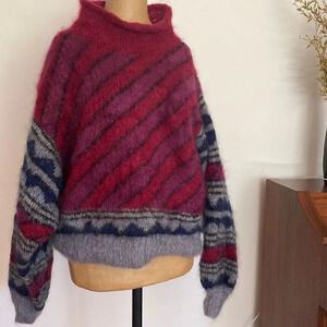 Anne Lester hand knits London 100% mohair fuchsia grey blue sweater sz L
